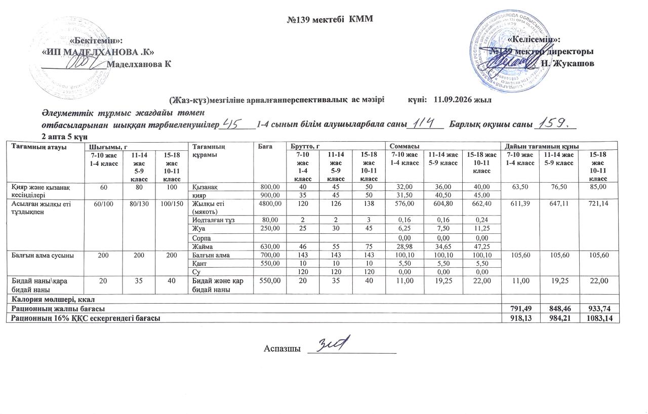 Ас мәзірі 11.09.2026ж
